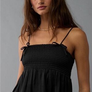 American Eagle Smocked Babydoll Bow Satin Tank Top Black Size XS